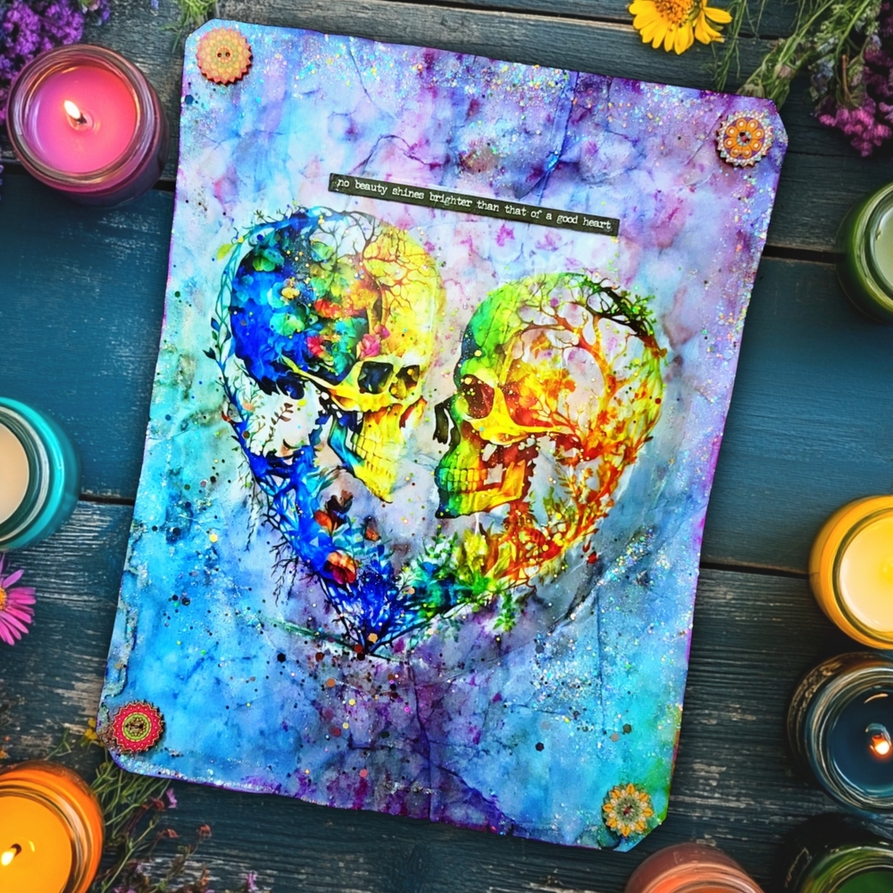 Skull Floral Anatomy Love Mixed Media Art on Handmade Tye-Dyed Paper Glam Decor
